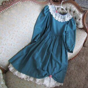 GIRL'S STORYBOOK DRESS, L, TEAL w LACE COLLAR & HEM, PINK ROSES, LONG SLEEVES